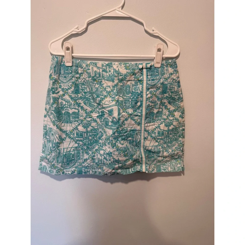 Lilly Pulitzer Vintage Y2K Toile Print Tie Front Top and Skort Set Teal White 10